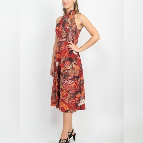 Tahari ASL High Tie Neck Sleeveless Multi Print Fit & Flare Satin Dress NWT - Picture 3 of 16